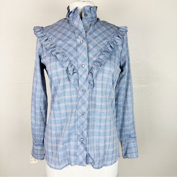 Karman Vintage 70s Rodeo Western Pearl Snap Button Down Plaid Blouse Ruffle Smal - Picture 1 of 7
